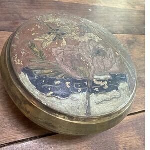 Vintage Enamel and Solid Brass Trinket Box Dish Bowl Dragonfly and Lotus Flower